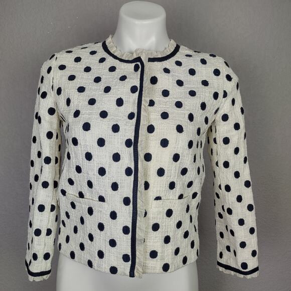 J. CREW Jacket in Polka Dot Textured Tweed Blazer Size 0 White Navy - Picture 3 of 16
